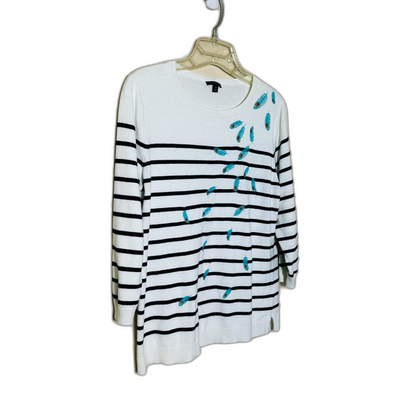 Talbots Embroidered Peacock Feather Pullover Sweater Women's M Cream/Navy Stripe - Picture 4 of 9